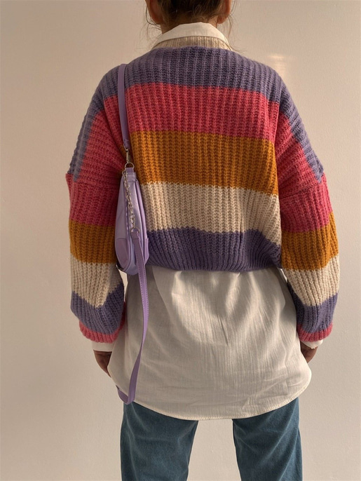 Kalın Çizgili Oversize Kadın Renkli Örme Kazak 22K000052