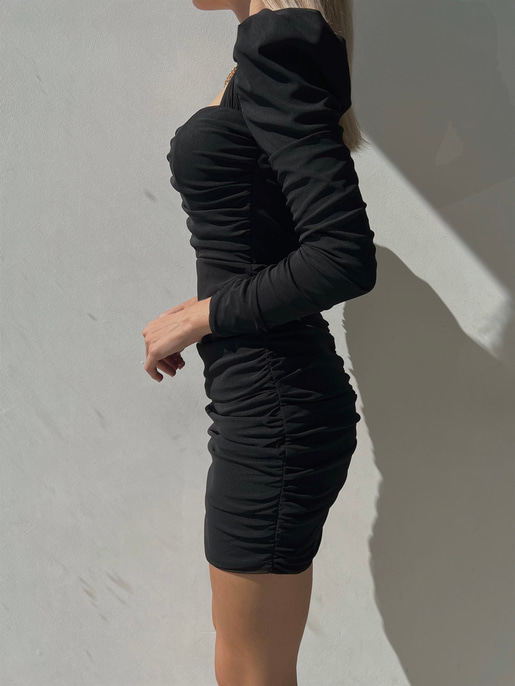 Kalp Yaka Drape Detay Uzun Kollu Lucida Kadın Siyah Elbise 23K000092