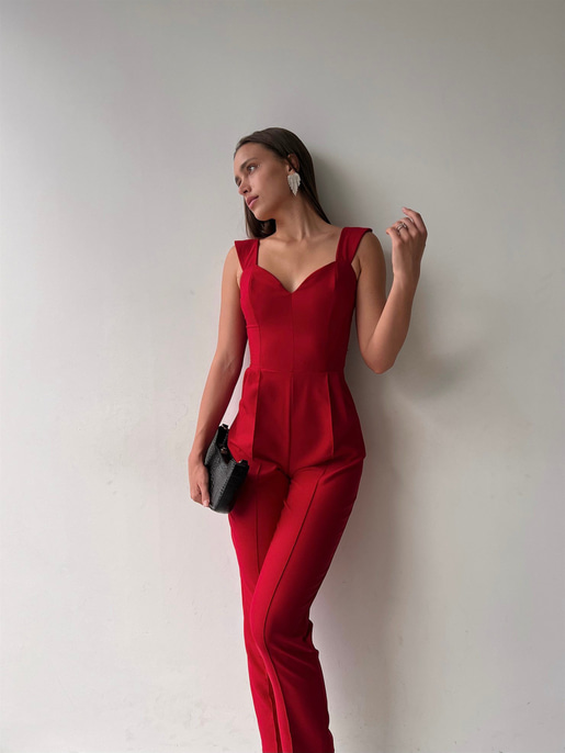 Kalp Yaka Kalın Askı Arkası Fermuarlı Ruby Kadın Kırmızı Tulum 22K000568