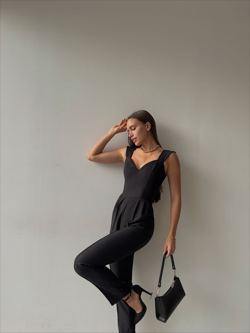 Kalp Yaka Kalın Askı Arkası Fermuarlı Ruby Kadın Siyah Tulum 22K000568