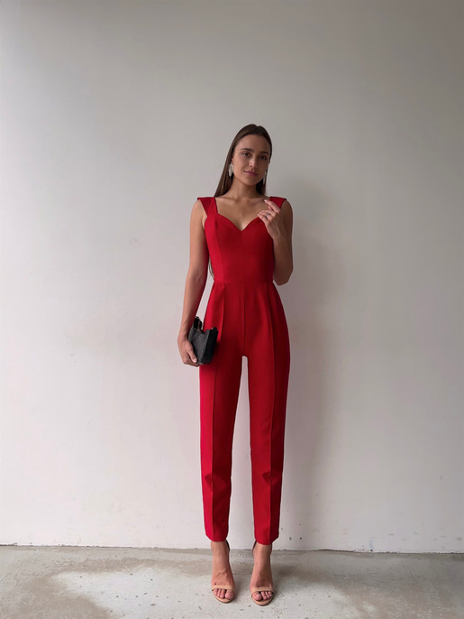 Kalp Yaka Kalın Askı Arkası Fermuarlı Ruby Kadın Kırmızı Tulum 22K000568