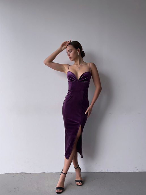 Kalp Yaka Yırtmaçlı Elena Kadın İp Askılı Midi Mürdüm Elbise 23K000303