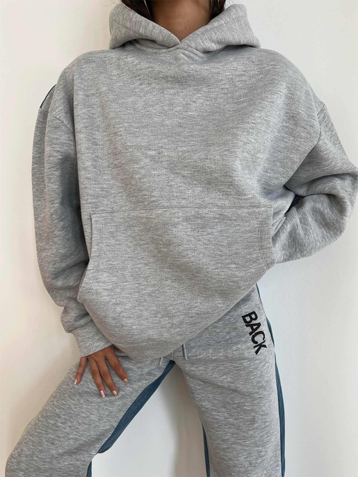 Kanguru Cepli Kapüşonlu Arkası Denim Sweatshirt Bilek Kısmı Lastikli Arkası Jean Görünümlü Eşofman Alejandro Kadın Gri Melanj Eşofman Takım 24k000048