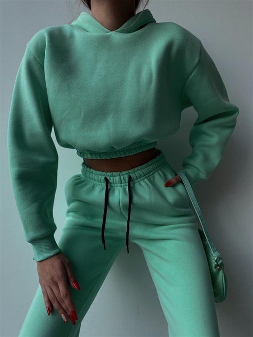Kapüşonlu Crop Sweat Bağcıklı Alt Arella Kadın Mint Eşofman Takım 22K000195