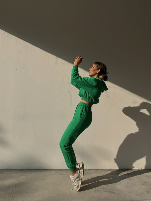 Kapüşonlu Crop Sweat Bağcıklı Alt Arella Kadın Yeşil Eşofman Takım 22K000195