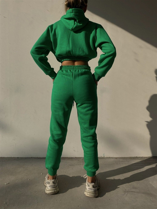 Kapüşonlu Crop Sweat Bağcıklı Alt Arella Kadın Yeşil Eşofman Takım 22K000195