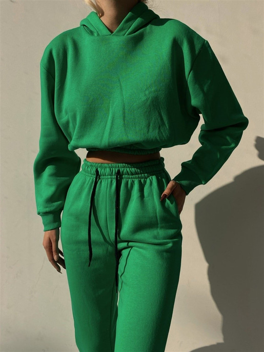 Kapüşonlu Crop Sweat Bağcıklı Alt Arella Kadın Yeşil Eşofman Takım 22K000195