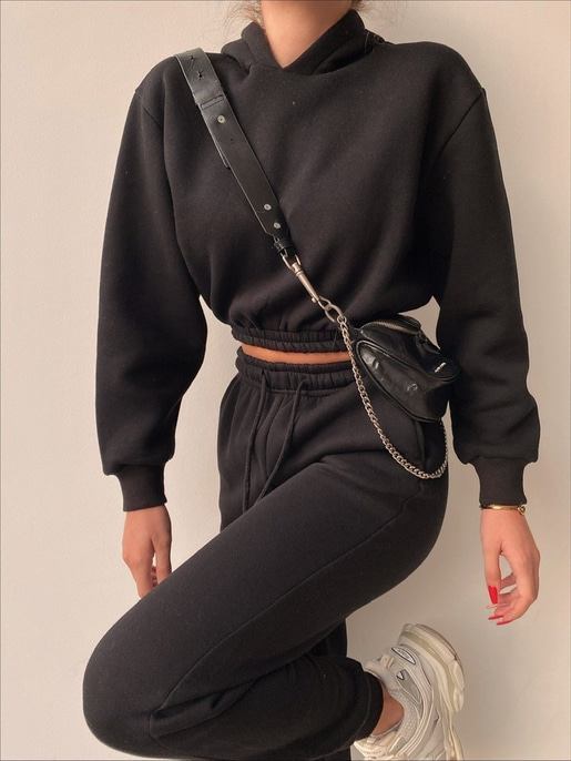 Kapüşonlu Crop Sweat Bağcıklı Alt Arella Kadın Siyah Eşofman Takım 22K000195