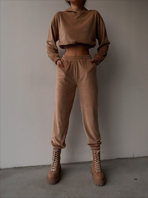 Kapüşonlu Crop Sweat Lastikli alt Kadife Kadın Bej Renk İkili Takım 22K000174