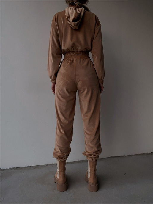 Kapüşonlu Crop Sweat Lastikli alt Kadife Kadın Bej Renk İkili Takım 22K000174