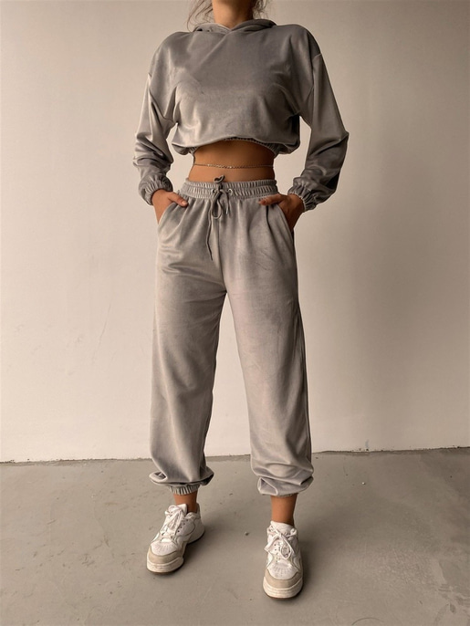 Kapüşonlu Crop Sweat Lastikli alt Kadife Kadın Gri İkili Takım 22K000174