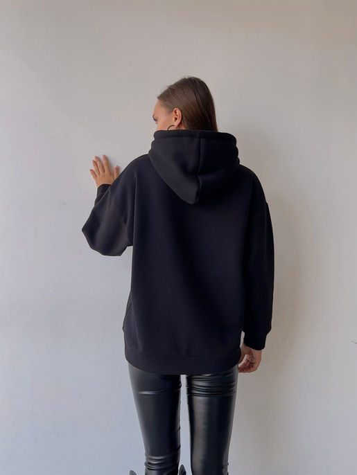 Kapüşonlu Kanguru Cepli Los Angeles Yazılı Tazia Kadın Siyah Sweatshirt 23K000067