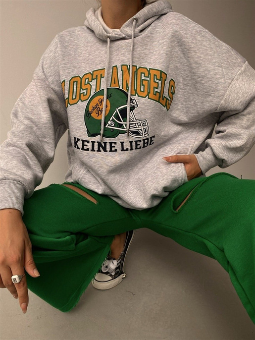 Kapüşonlu Lost Angels Baskılı Kadın Gri Sweatshirt 22K000161