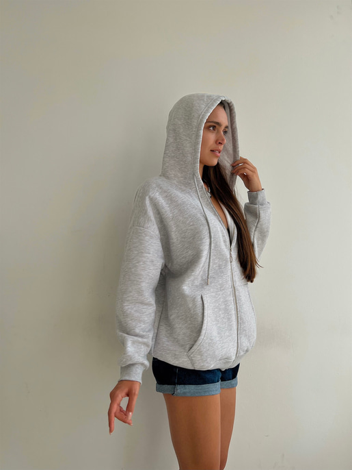 Kapüşonlu Önden Fermuarlı Kadın Gri Melanj Sweat 22K000120