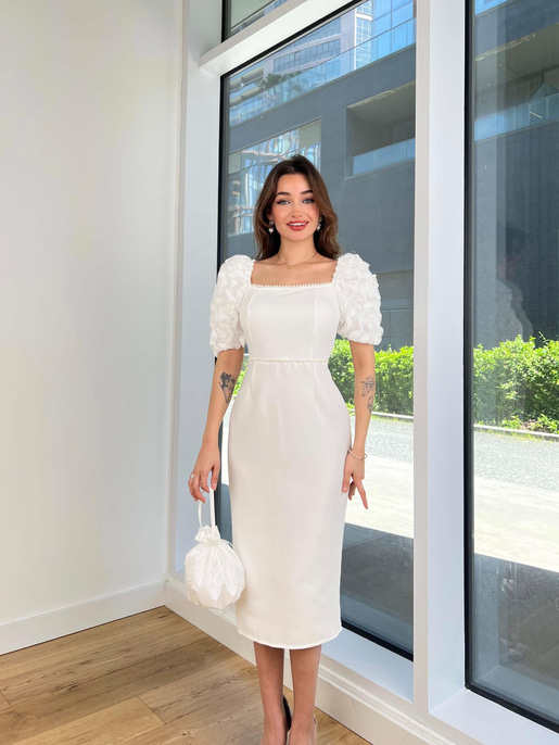 Kare Yaka Balon Kol İnci Detaylı Dael Kadın Beyaz Midi Elbise 24Y512