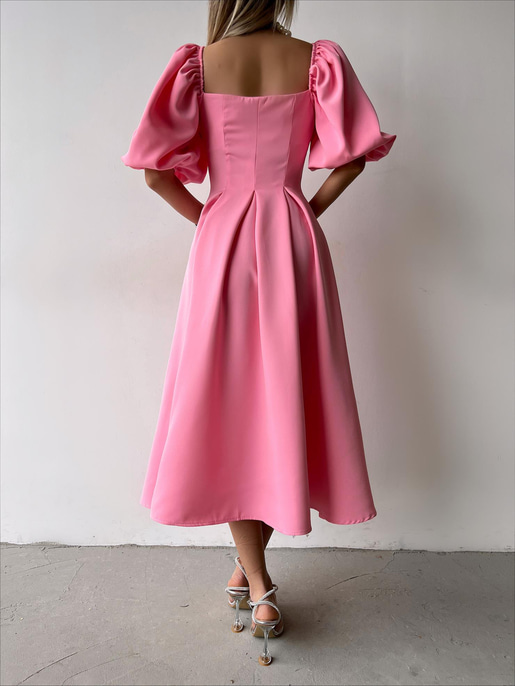 Kare Yaka Kısa Balon Kol Belden Oturtmalı Brice Kadın Pembe Elbise 23Y000150