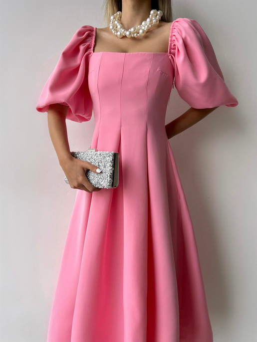 Kare Yaka Kısa Balon Kol Belden Oturtmalı Brice Kadın Pembe Elbise 23Y000150