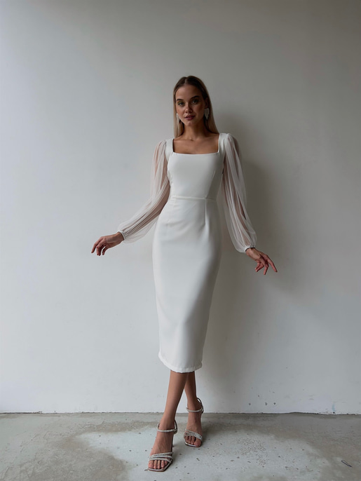 Kare Yaka Kolları Tül Arka Etek Kısmı Yırtmaçlı Jarlan Kadın Beyaz Midi Boy Elbise 23K000097