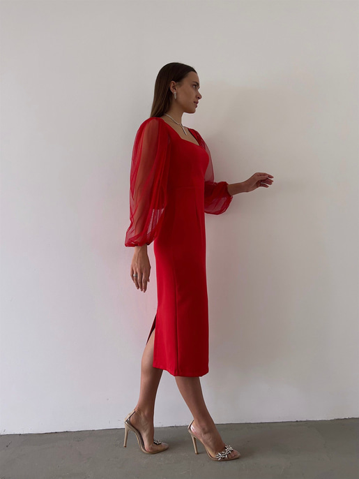 Kare Yaka Kolları Tül Arka Etek Kısmı Yırtmaçlı Jarlan Kadın Kırmızı Midi Boy Elbise 23K000097