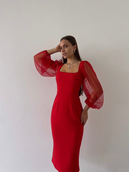 Kare Yaka Kolları Tül Arka Etek Kısmı Yırtmaçlı Jarlan Kadın Kırmızı Midi Boy Elbise 23K000097