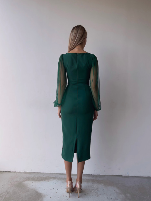 Kare Yaka Kolları Tül Arka Etek Kısmı Yırtmaçlı Jarlan Kadın Zümrüt Midi Boy Elbise 23K000097