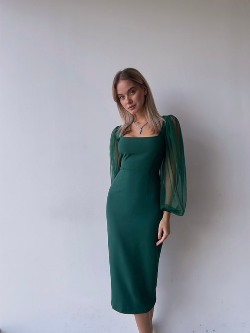 Kare Yaka Kolları Tül Arka Etek Kısmı Yırtmaçlı Jarlan Kadın Zümrüt Midi Boy Elbise 23K000097