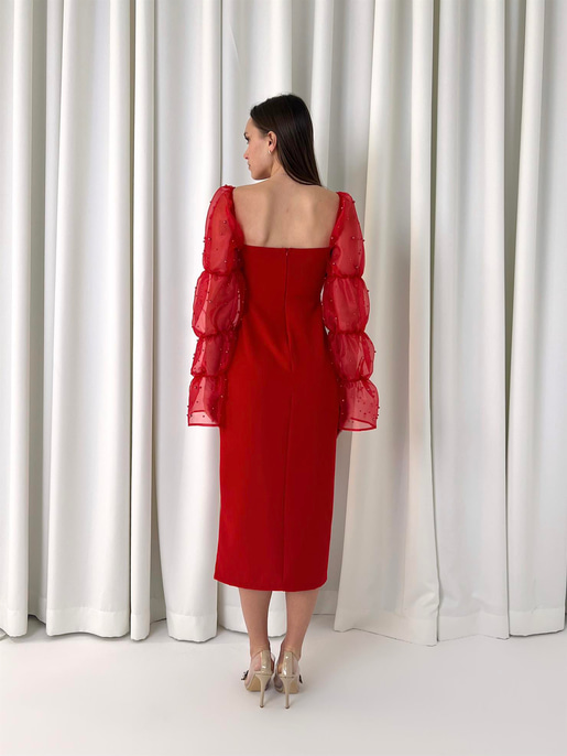 Kare Yaka Omzu Lastikli Uzun Tül Kol Pattern Kadın Kırmızı Midi Elbise Elbise 23K000443