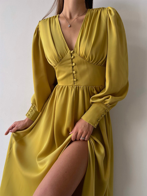 Kiloş Balon Kol Beli Düğmeli Viktoria Kadın Zeytin Yeşili Uzun Elbise 22K000051