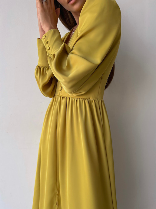 Kiloş Balon Kol Beli Düğmeli Viktoria Kadın Zeytin Yeşili Uzun Elbise 22K000051