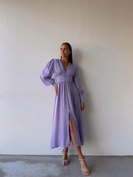 Kiloş Balon Kol Beli Düğmeli Viktoria Kadın Lila Uzun Elbise 22K000051