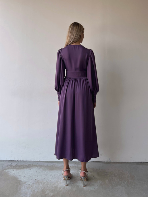 Kiloş Balon Kol Beli Düğmeli Viktoria Kadın Mor Uzun Elbise 22K000051