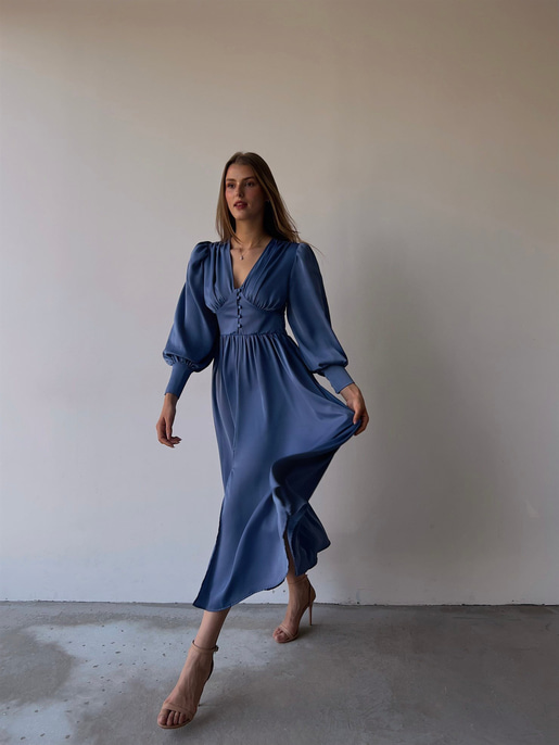 Kiloş Balon Kol Beli Düğmeli Viktoria Kadın İndigo Uzun Elbise 22K000051