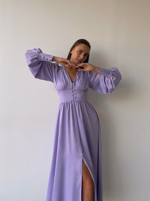 Kiloş Balon Kol Beli Düğmeli Viktoria Kadın Lila Uzun Elbise 22K000051