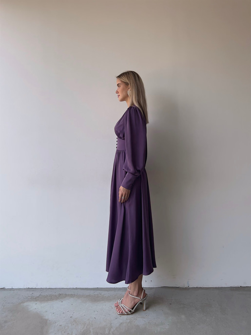 Kiloş Balon Kol Beli Düğmeli Viktoria Kadın Mor Uzun Elbise 22K000051