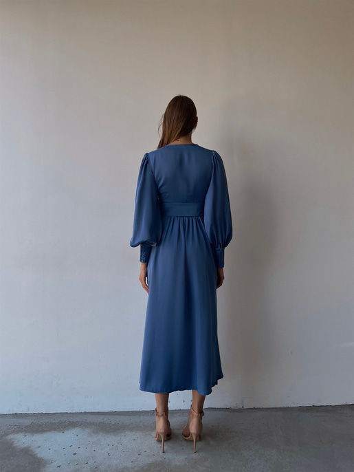 Kiloş Balon Kol Beli Düğmeli Viktoria Kadın İndigo Uzun Elbise 22K000051