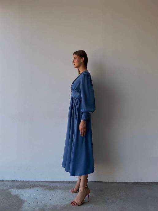 Kiloş Balon Kol Beli Düğmeli Viktoria Kadın İndigo Uzun Elbise 22K000051