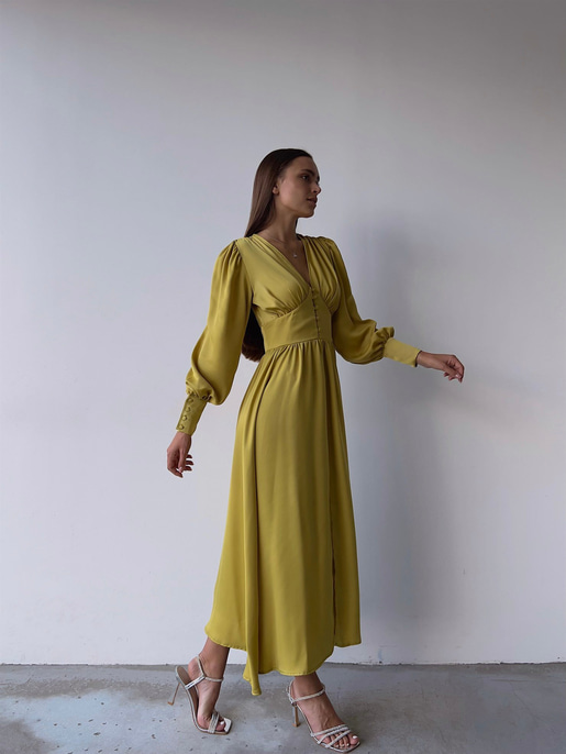 Kiloş Balon Kol Beli Düğmeli Viktoria Kadın Zeytin Yeşili Uzun Elbise 22K000051