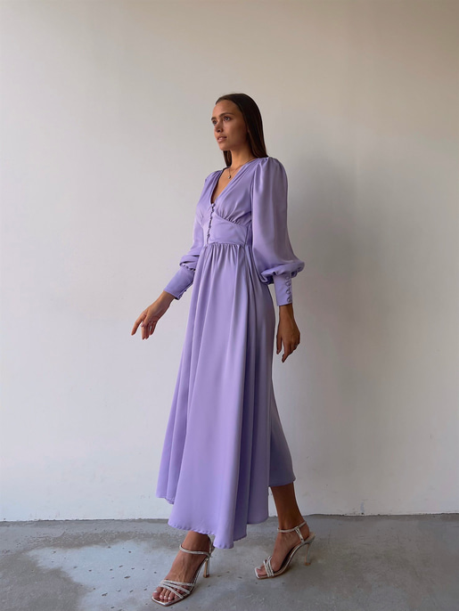 Kiloş Balon Kol Beli Düğmeli Viktoria Kadın Lila Uzun Elbise 22K000051