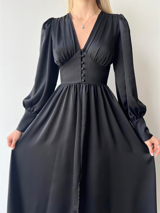 Kiloş Balon Kol Beli Düğmeli Viktoria Kadın Siyah Uzun Elbise 22K000051