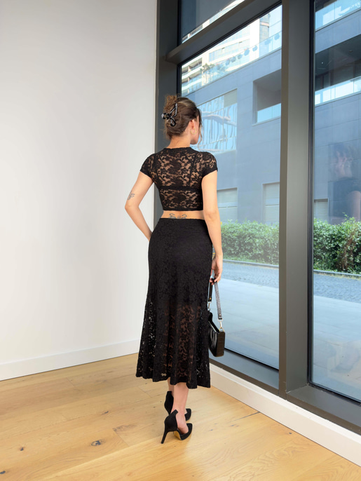 Kısa Kol Bluz Midi Etek Dalder Siyah Kadın Dantel Takım 25Y425