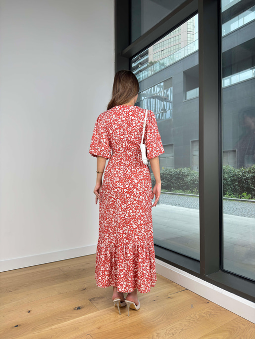 Kısa Kol Eteği Volanlı Çiçek Desenli Leyni Kiremit Kadın Elbise 25Y213