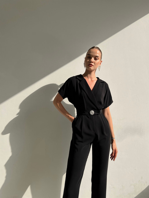 Kısa Kol Kruvaze Yaka Pileli Tonia Kadın Siyah Tulum 22Y000382