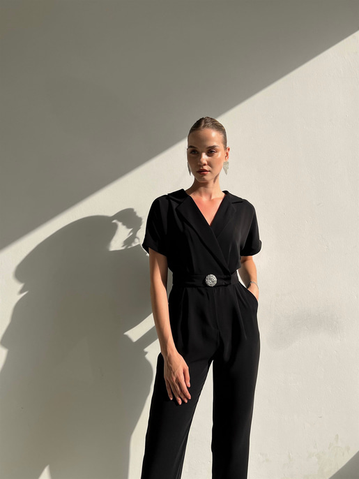 Kısa Kol Kruvaze Yaka Pileli Tonia Kadın Siyah Tulum 22Y000382