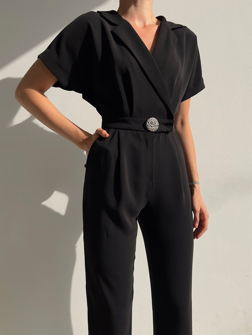 Kısa Kol Kruvaze Yaka Pileli Tonia Kadın Siyah Tulum 22Y000382