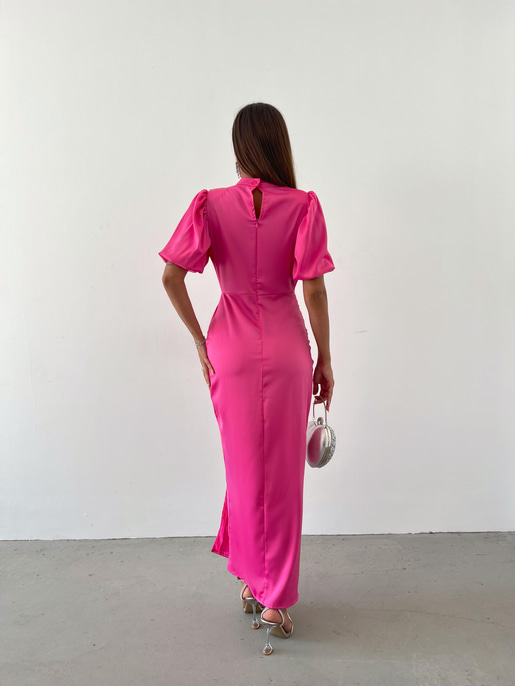 Kısa Kol Saten Önden Yırtmaçlı Drape Gage Kadın Fuşya Elbise 22K000431