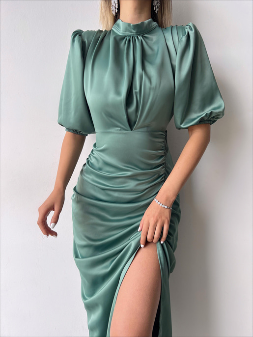 Kısa Kol Saten Önden Yırtmaçlı Drape Gage Kadın Mint Elbise 22K000431