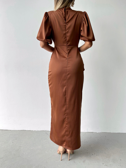 Kısa Kol Saten Önden Yırtmaçlı Drape Gage Kadın Kahve Elbise 22K000431