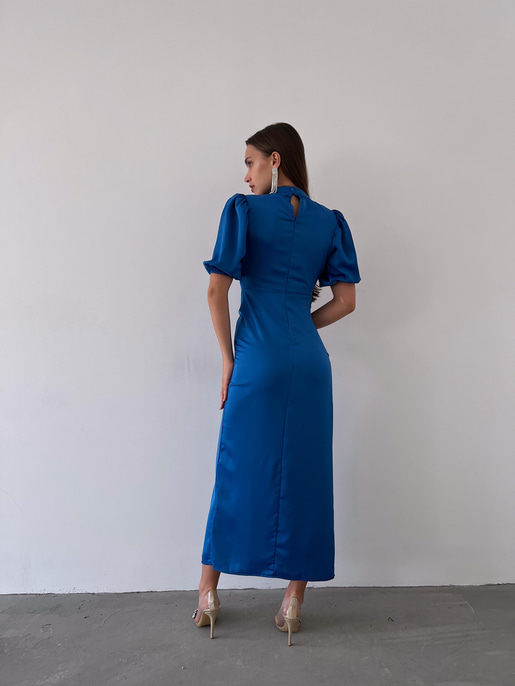 Kısa Kol Saten Önden Yırtmaçlı Drape Gage Kadın Saks Elbise 22K000431