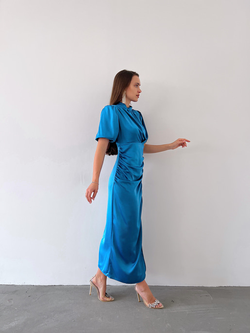 Kısa Kol Saten Önden Yırtmaçlı Drape Gage Kadın Mavi Elbise 22K000431