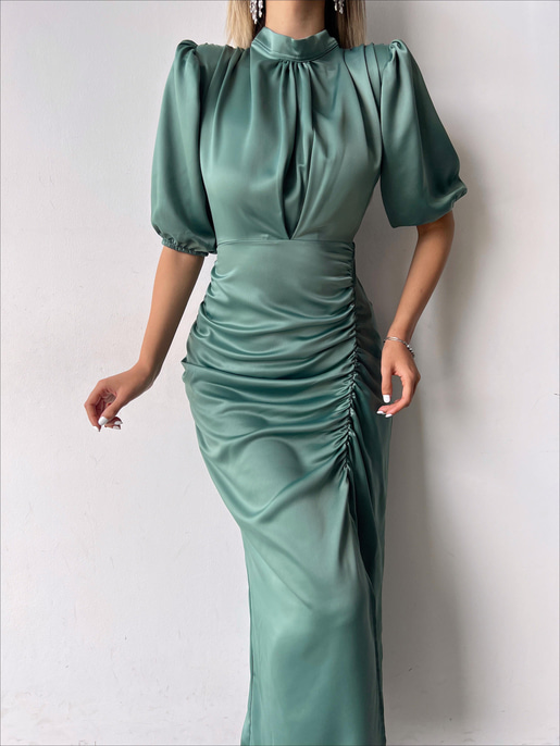 Kısa Kol Saten Önden Yırtmaçlı Drape Gage Kadın Mint Elbise 22K000431